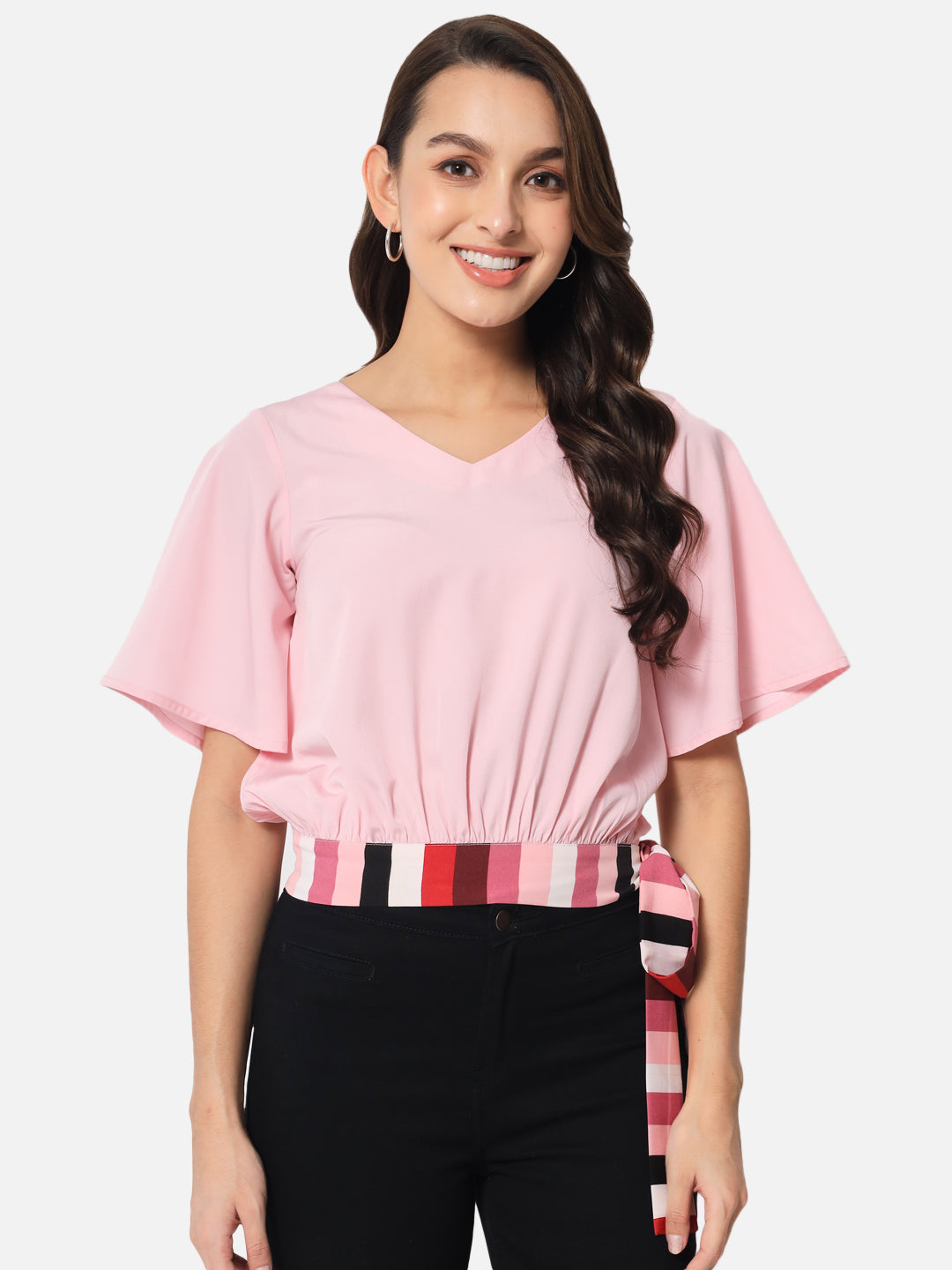 Pink Solid Half Sleeve Top for Women