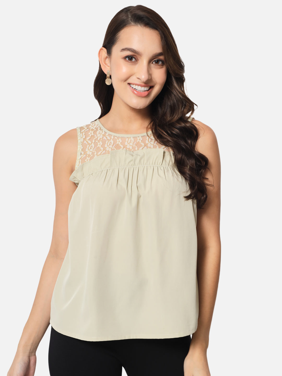 Beige Solid Sleeveless Top for Women