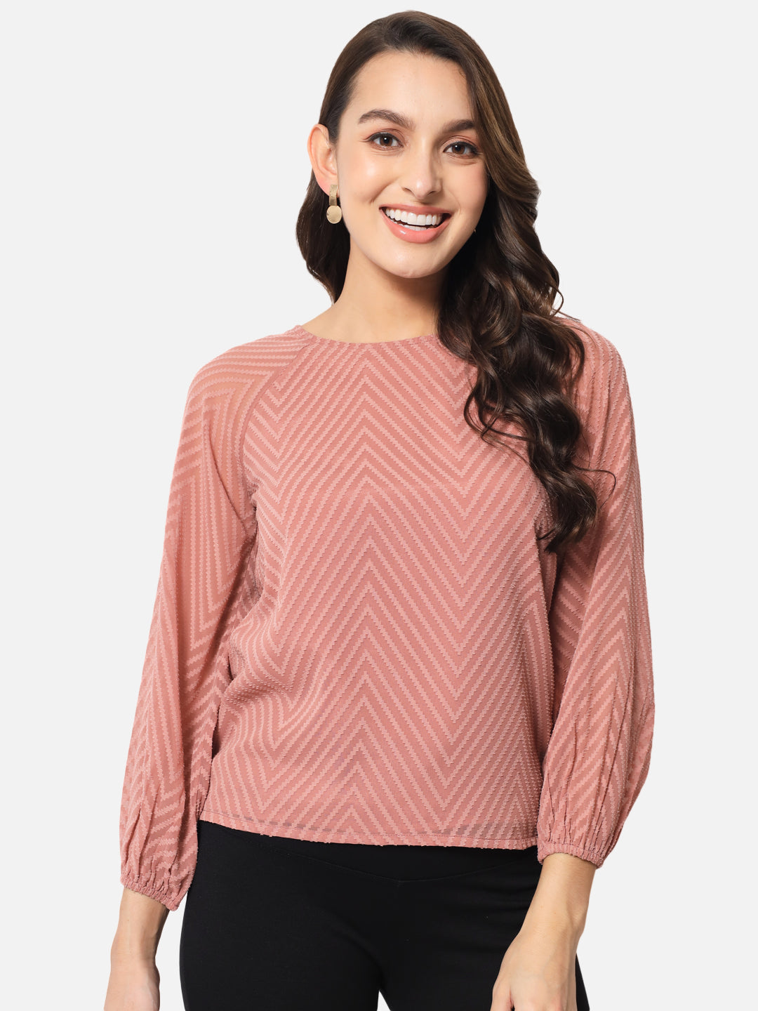 Brown Zig-Zag Round Neck Top for Women