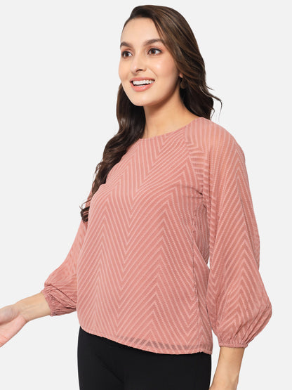 Brown Zig-Zag Round Neck Top for Women