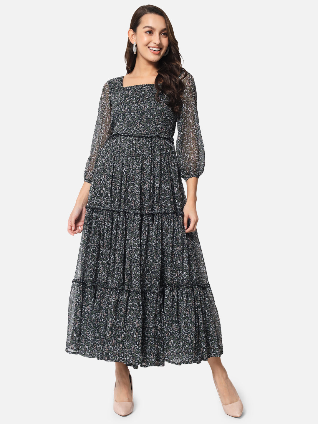 Floral Black Ankle Length Dress for Women