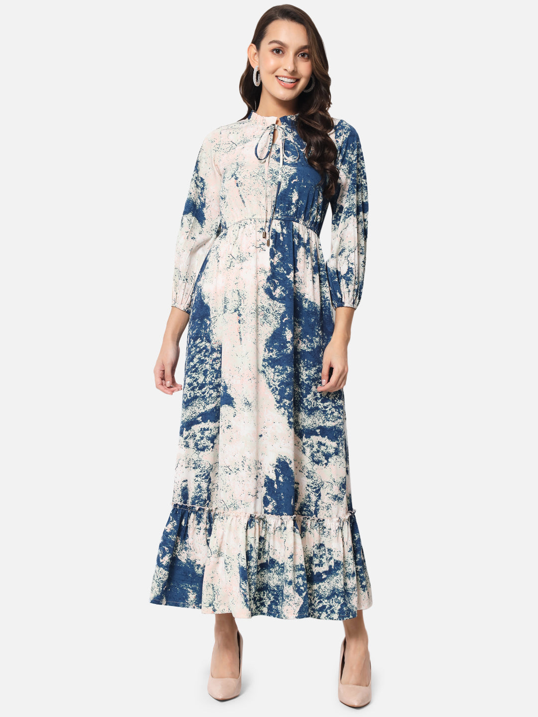 Cream Blue Tie-Dye Tie-up Neck Dress for Women