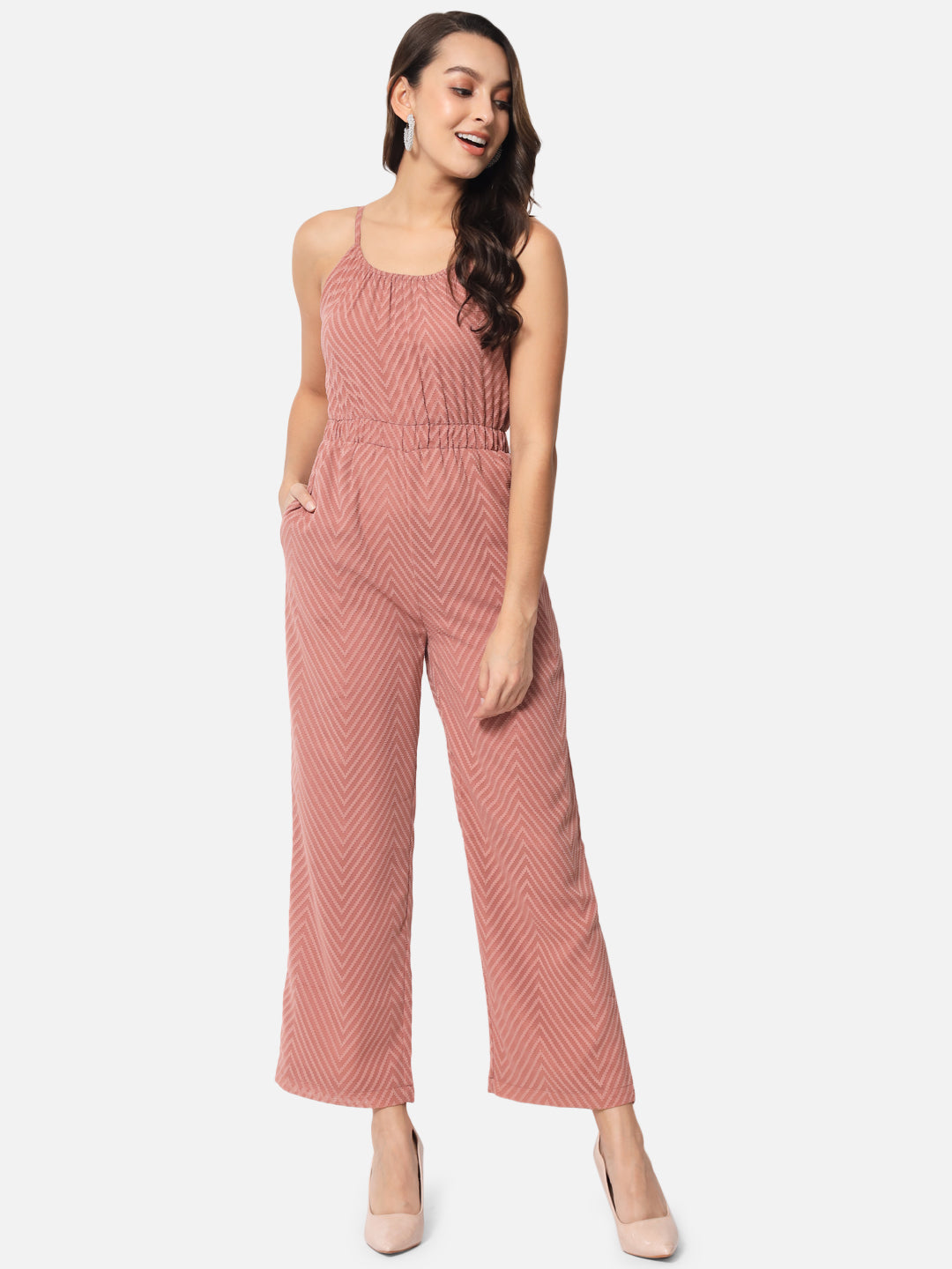 Zig-Zag Brown Sleeveless Jumpsuit for Women