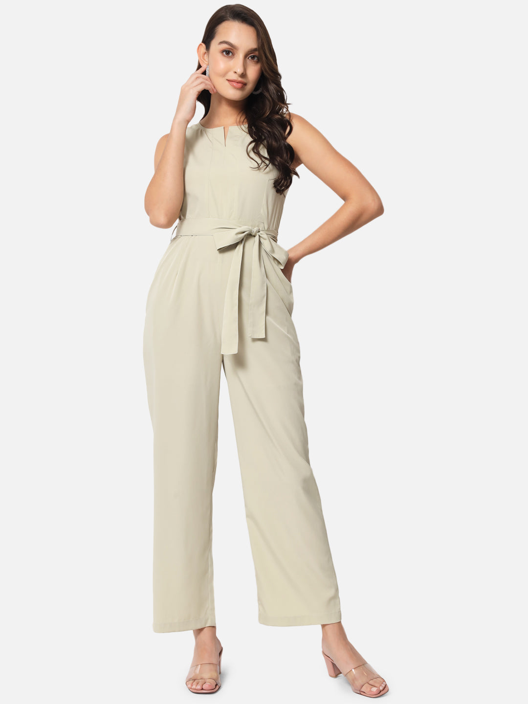 Solid Beige Sleeveless Jumpsuit for Women