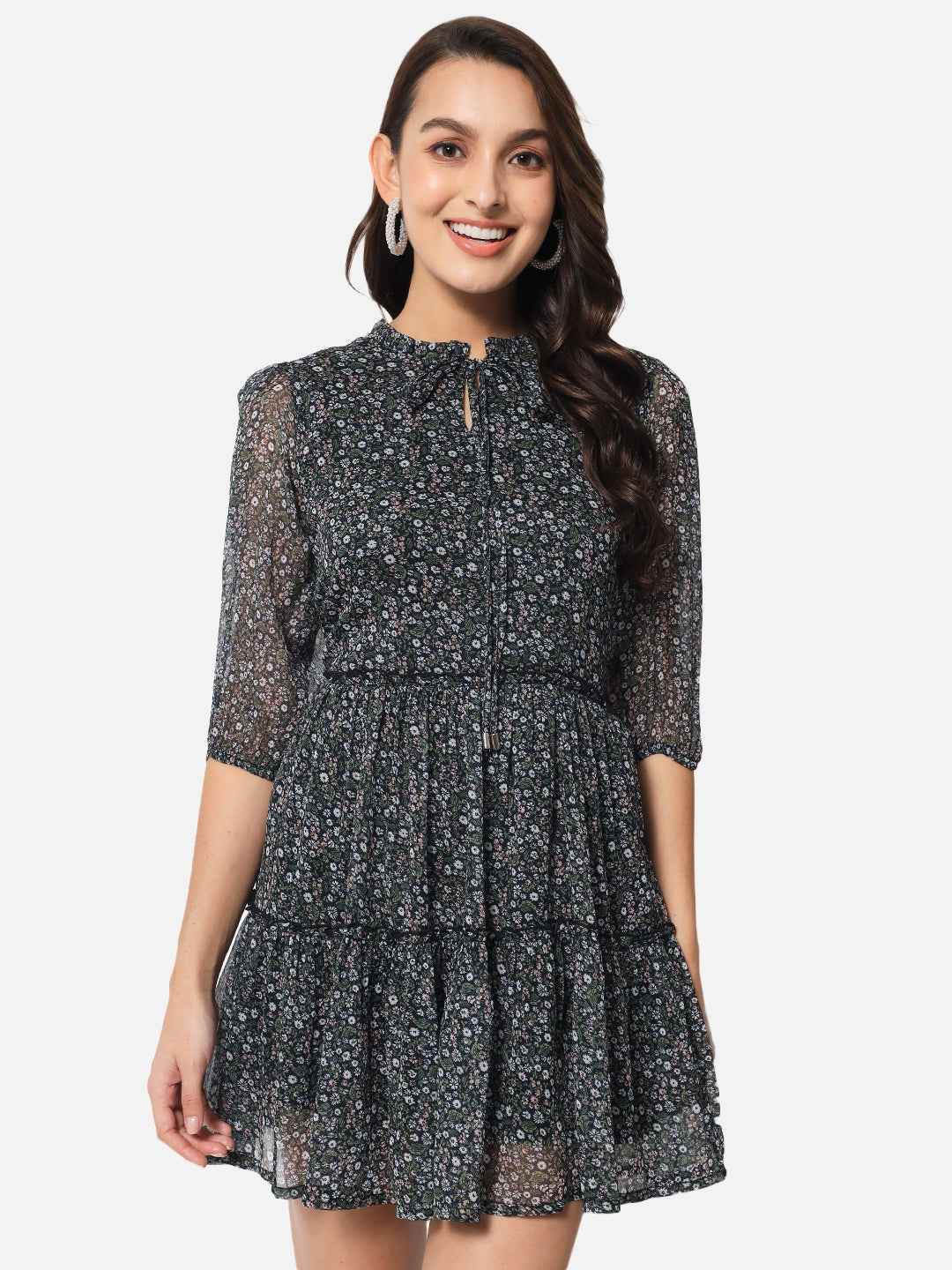 Floral Black Above knee Skater Dress for Women
