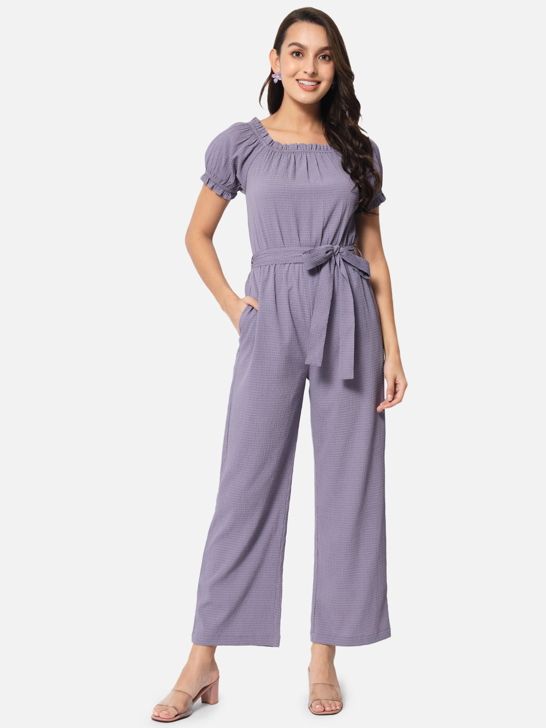 Solid Purple Half Sleeve Jumpsuit for Women