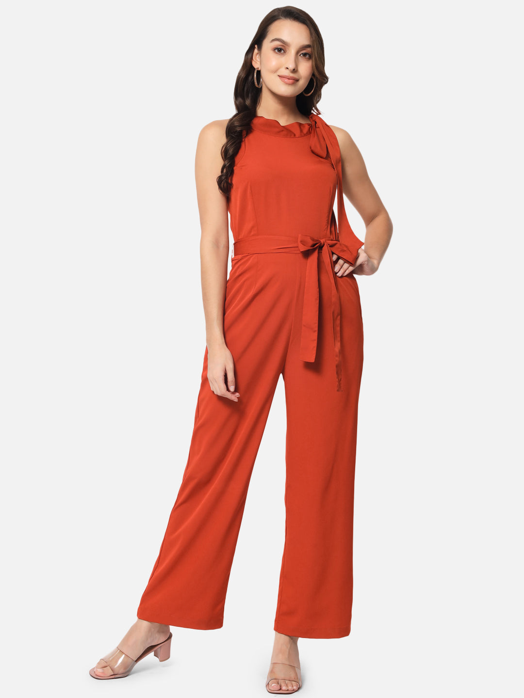 Solid Rust Sleeveless Jumpsuit for Women