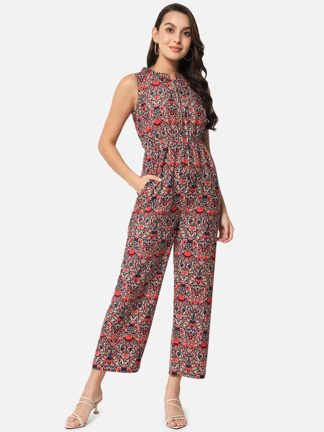 Floral Red Sleeveless Jumpsuit for Women