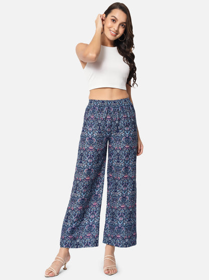 Blue Floral Regular Fit Straight Palazzo for Women