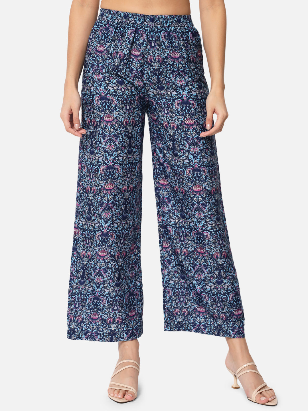 Blue Floral Regular Fit Straight Palazzo for Women