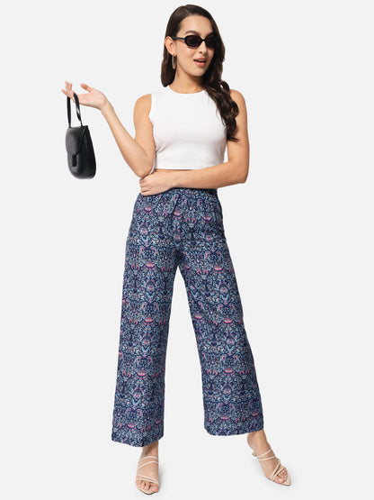 Blue Floral Regular Fit Straight Palazzo for Women