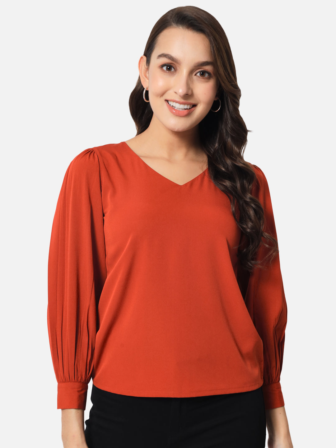 Solid Rust V-Neck Top for Women