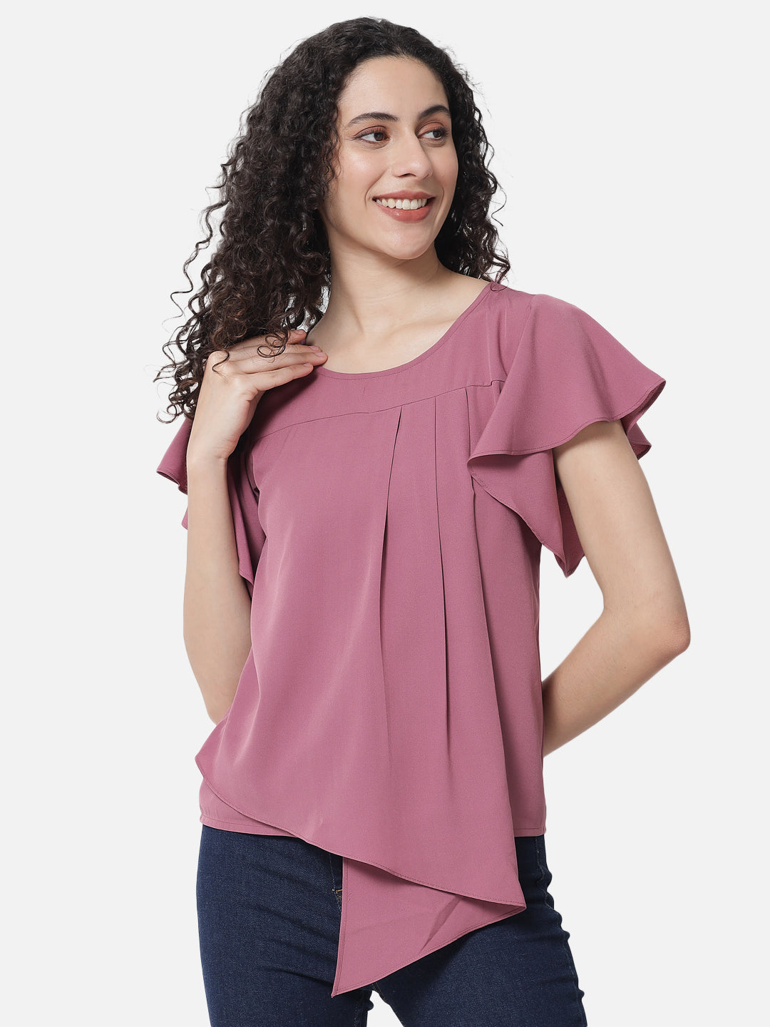 Pink Solid Frill Sleeve Top for Women