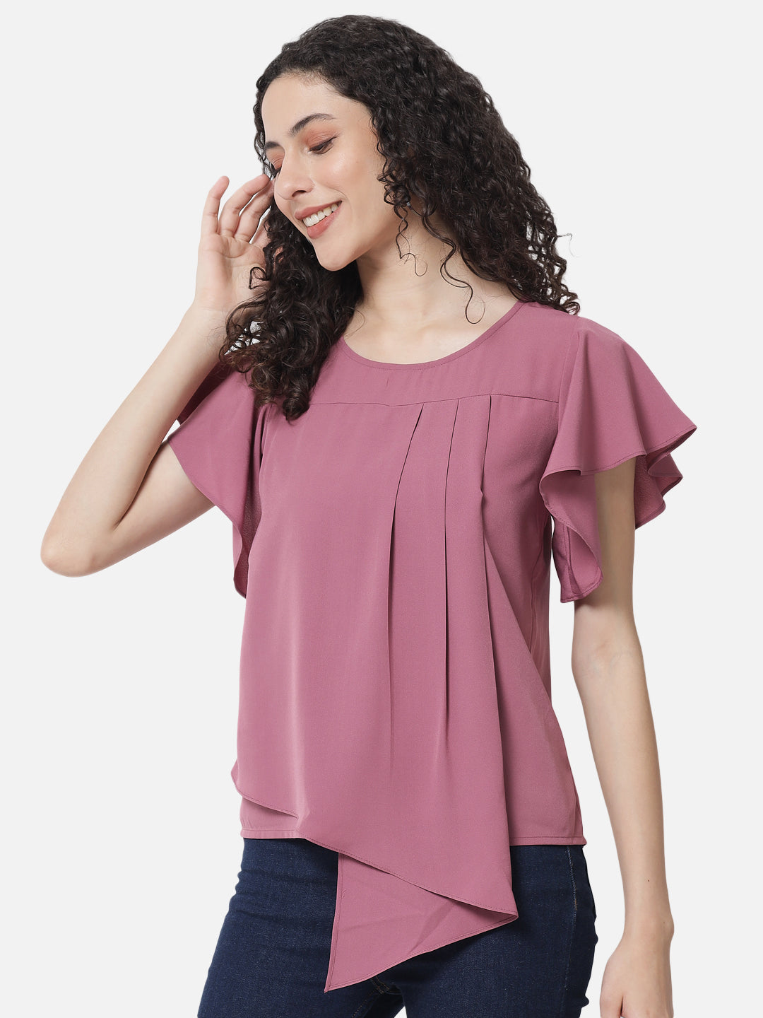 Pink Solid Frill Sleeve Top for Women