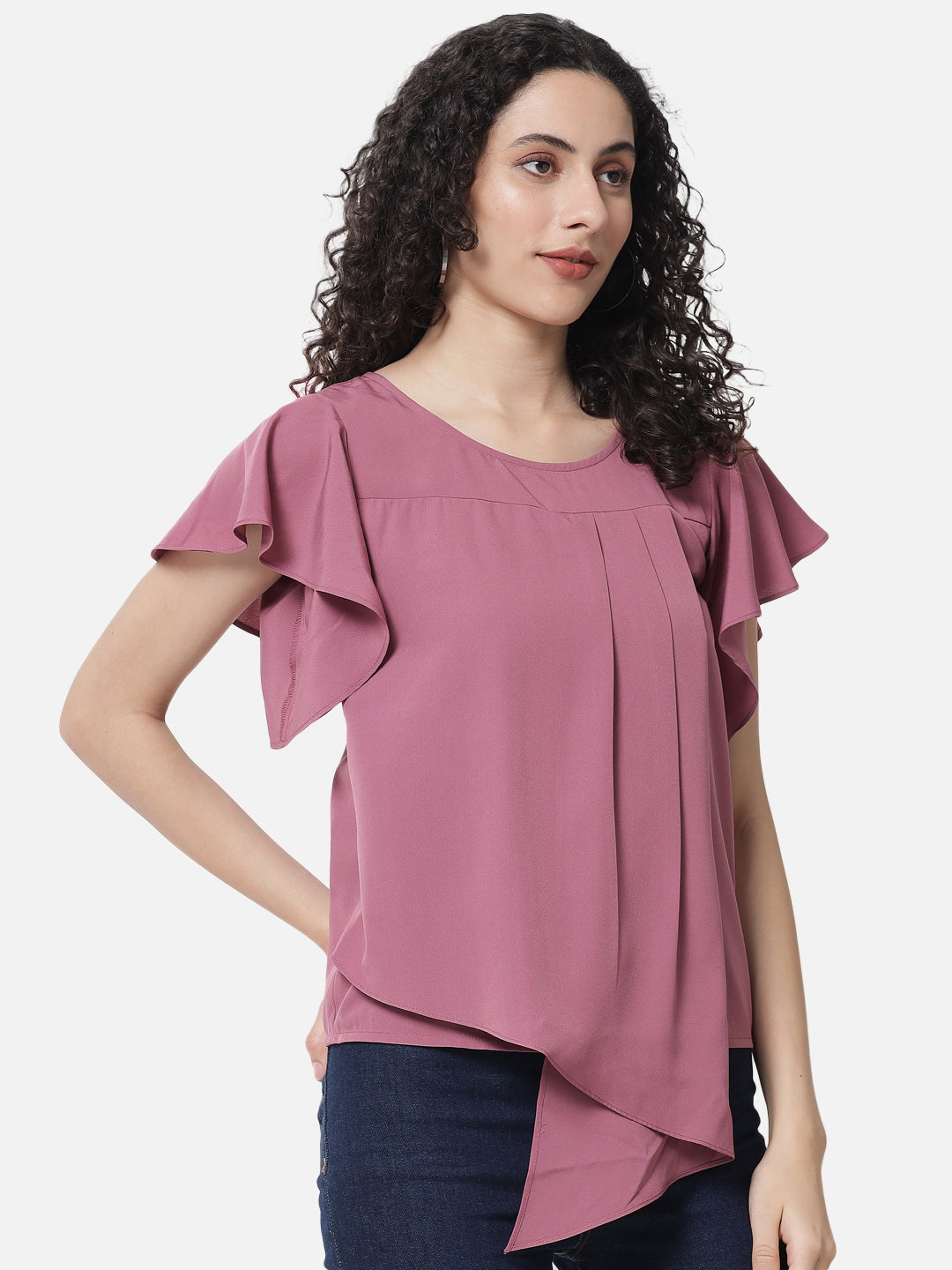 Pink Solid Frill Sleeve Top for Women