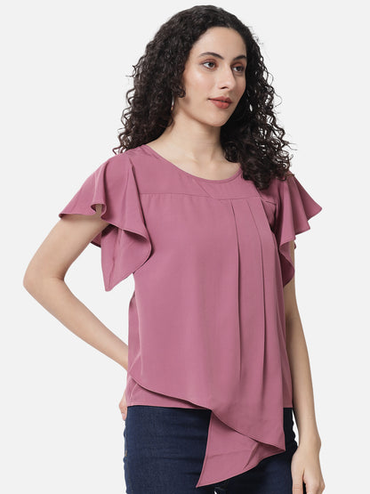 Pink Solid Frill Sleeve Top for Women