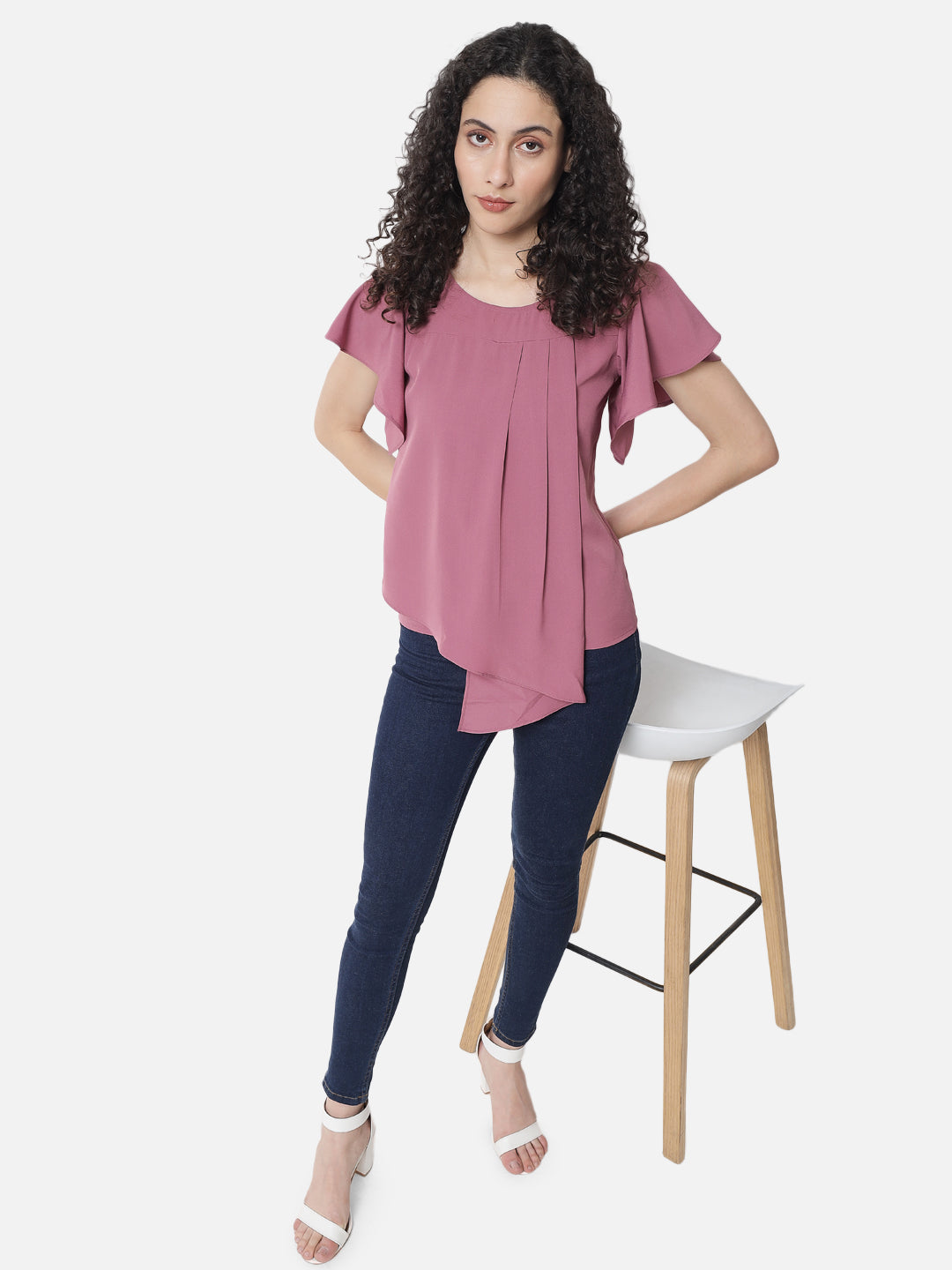 Pink Solid Frill Sleeve Top for Women