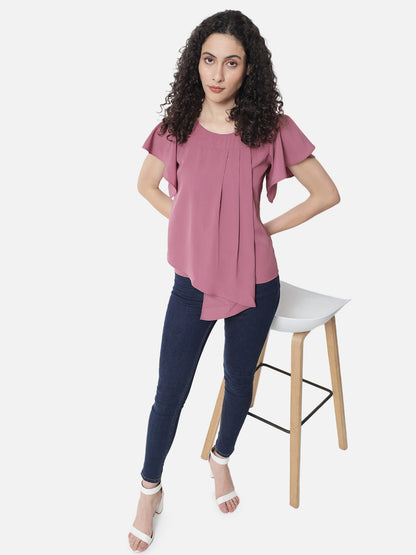 Pink Solid Frill Sleeve Top for Women