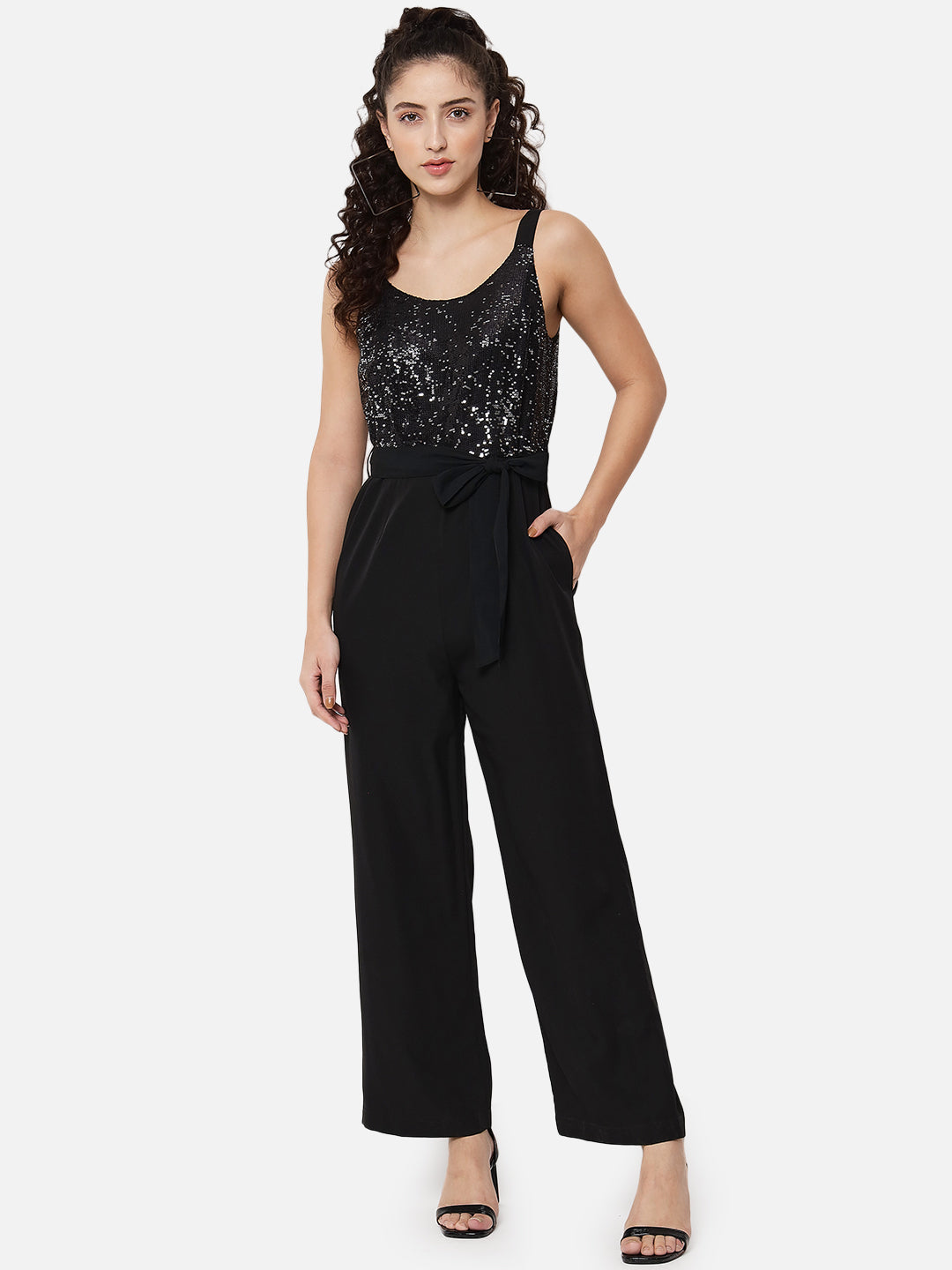 Black Embellished Sleeveless Jumpsuit for Women