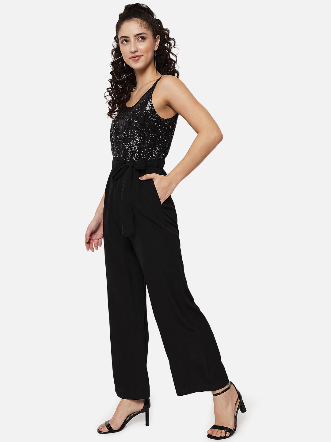 Black Embellished Sleeveless Jumpsuit for Women