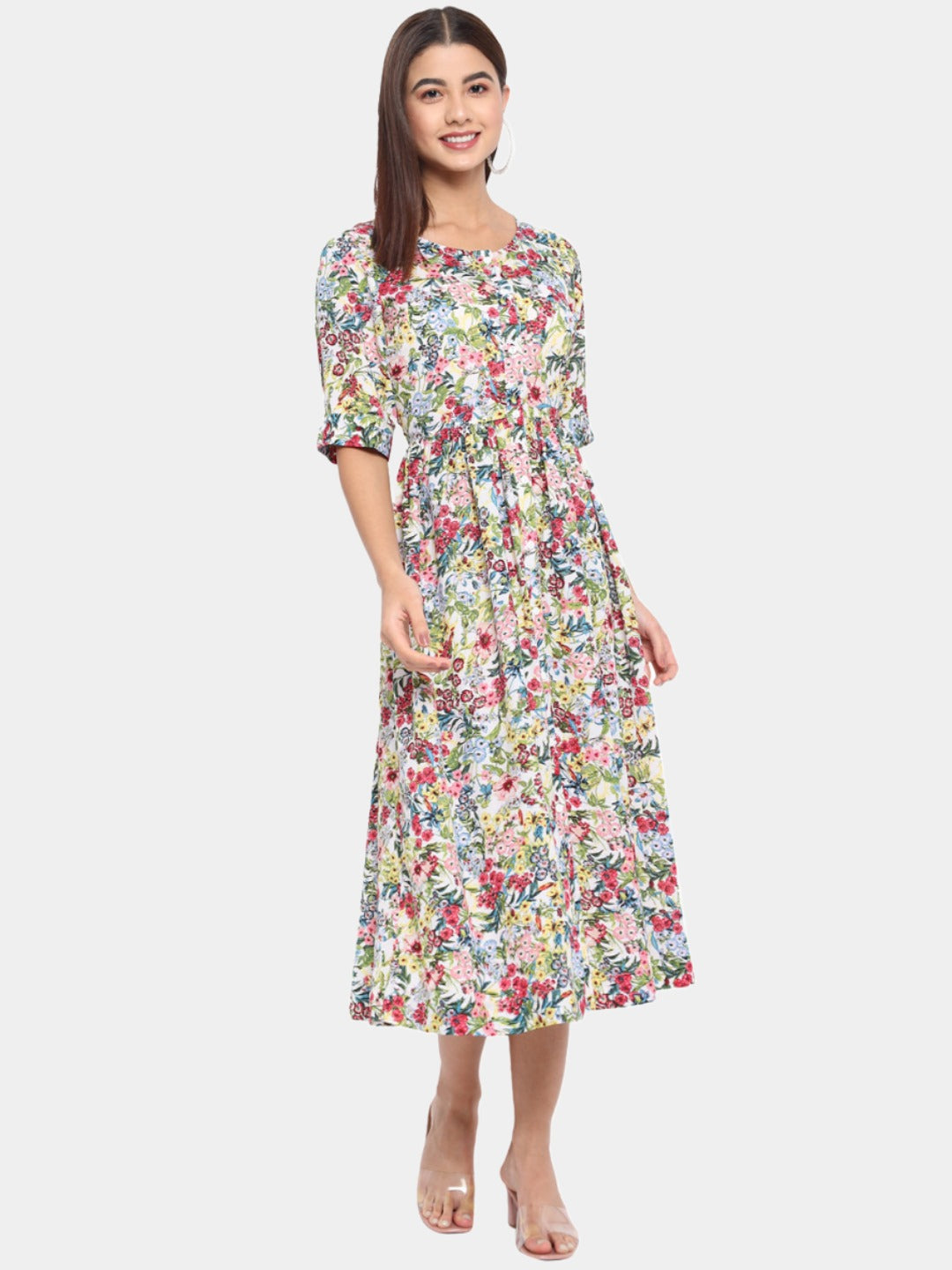 Multicolor Floral Round Neck Midi Dress for Women