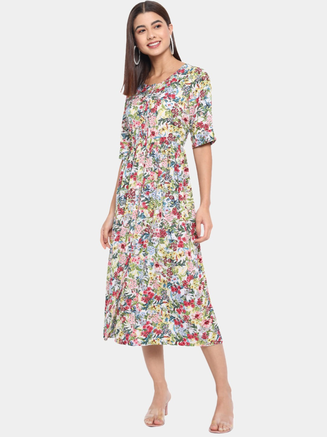 Multicolor Floral Round Neck Midi Dress for Women