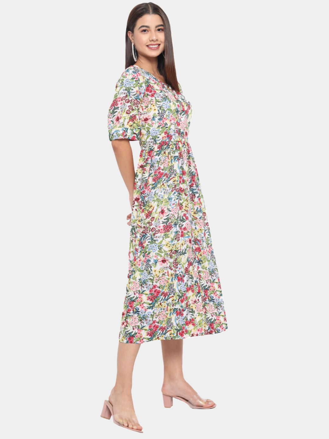 Multicolor Floral Round Neck Midi Dress for Women