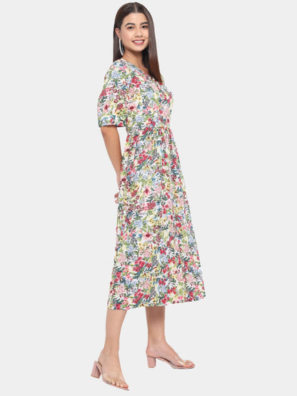 Multicolor Floral Round Neck Midi Dress for Women