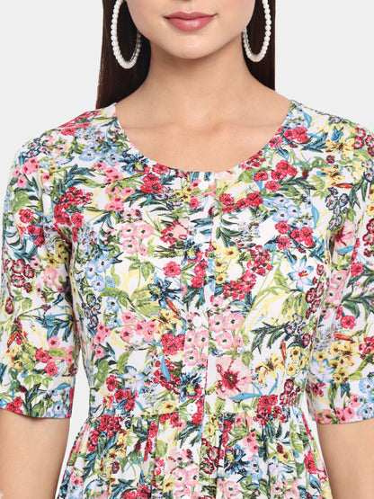 Multicolor Floral Round Neck Midi Dress for Women