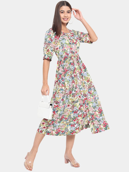 Multicolor Floral Round Neck Midi Dress for Women