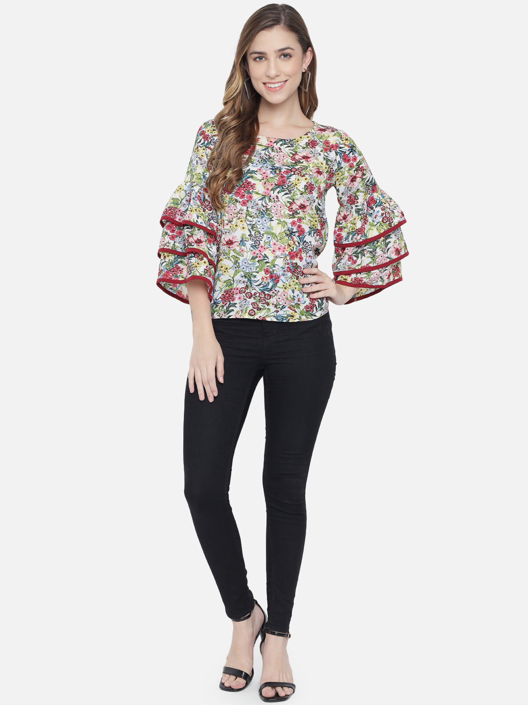 Multicolor Floral Bell Sleeve Top for Women