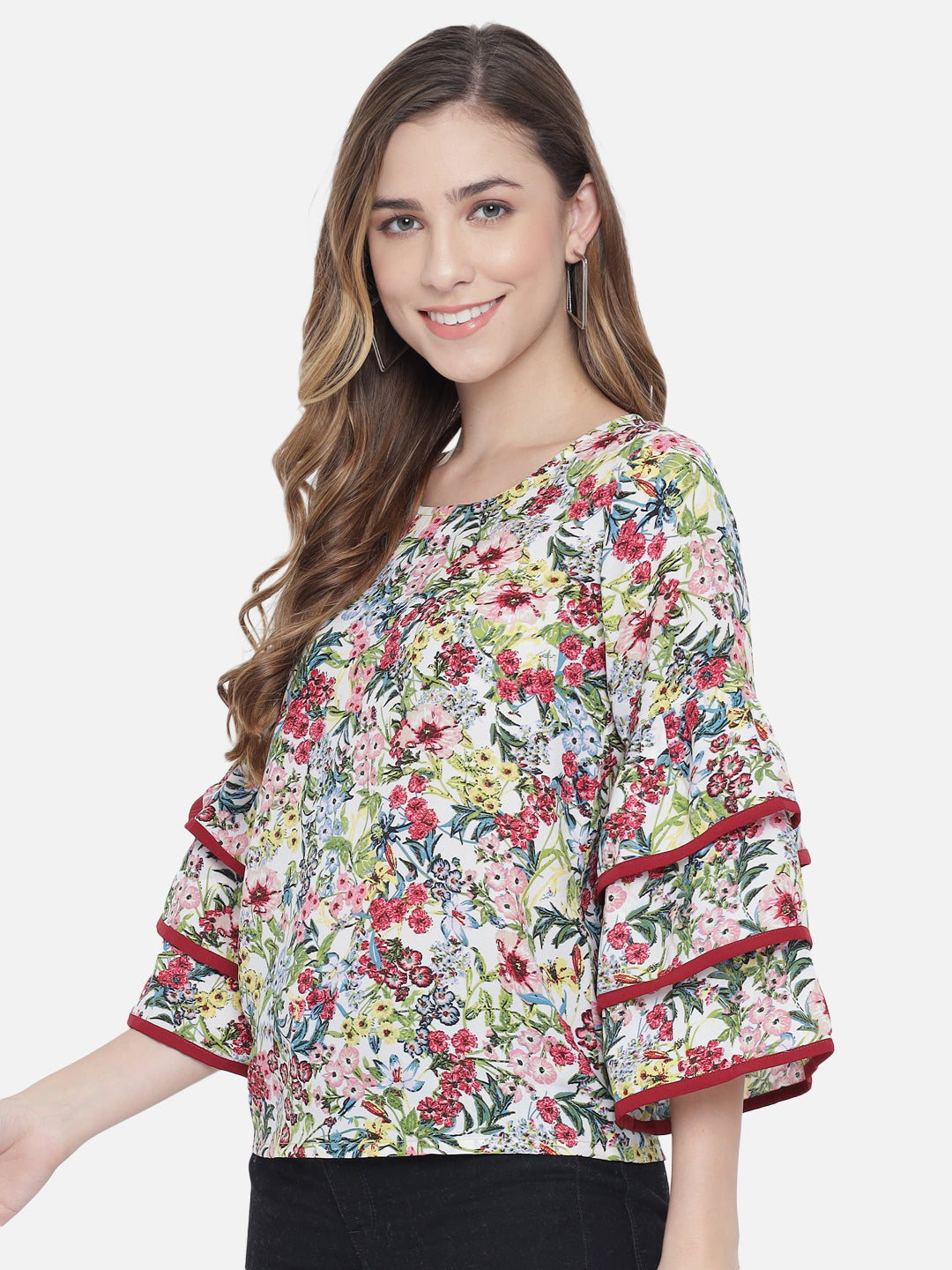 Multicolor Floral Bell Sleeve Top for Women