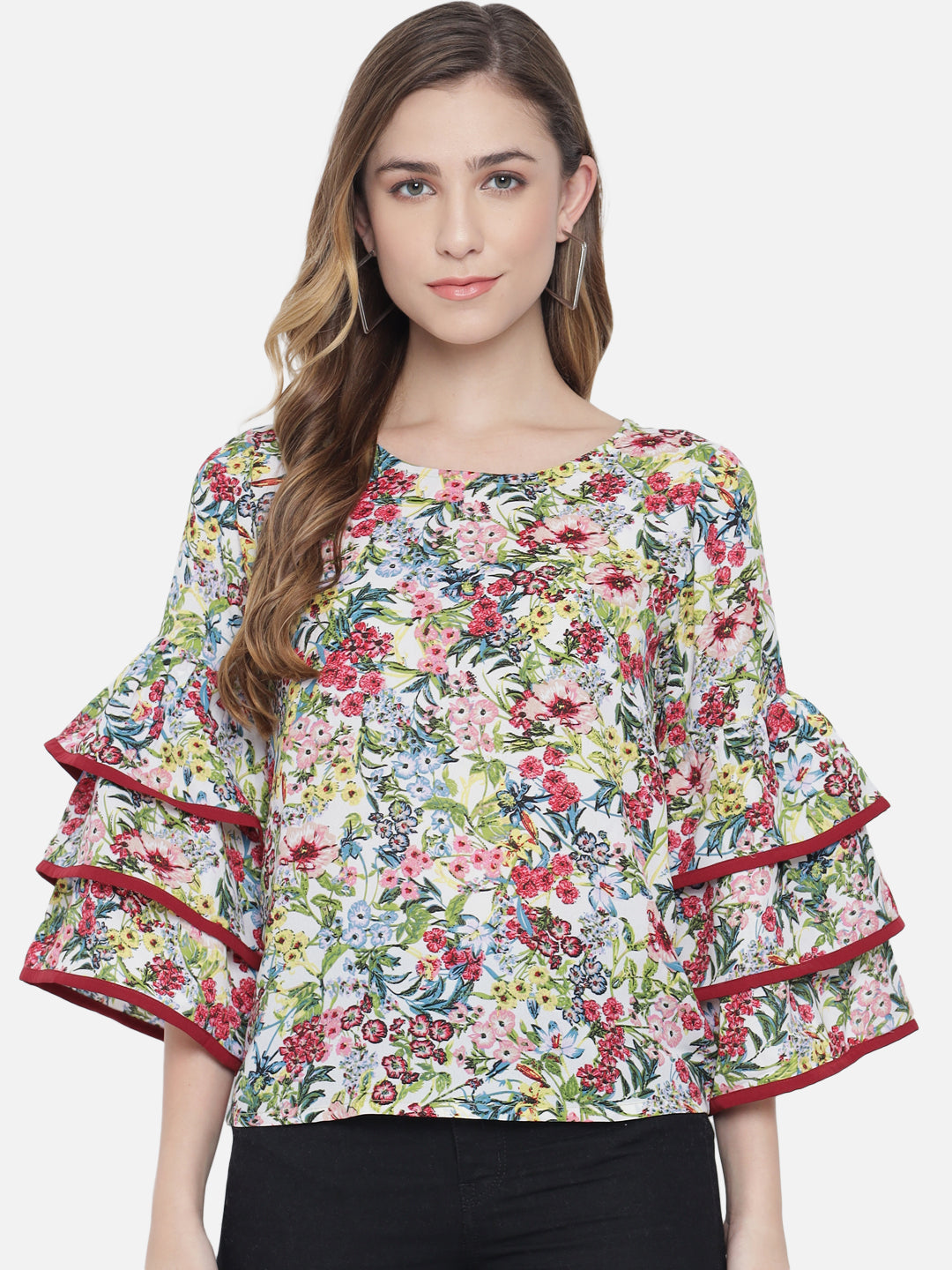 Multicolor Floral Bell Sleeve Top for Women