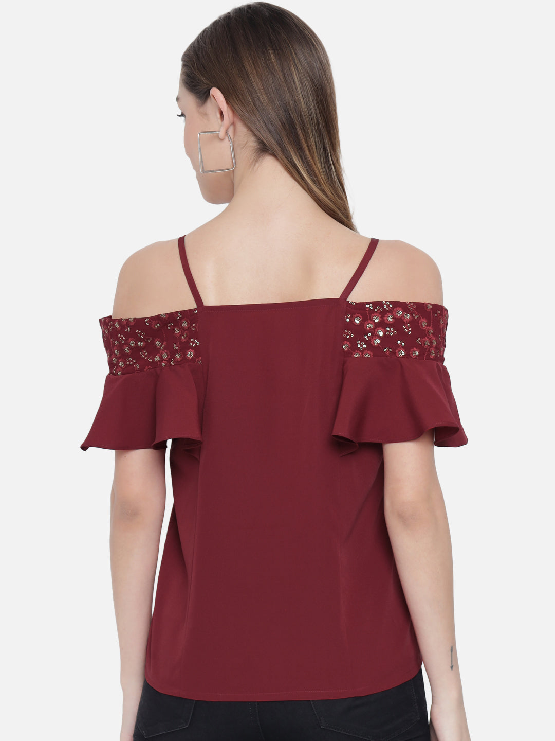 Solid Half Sleeves Cold Shoulder Top for Women