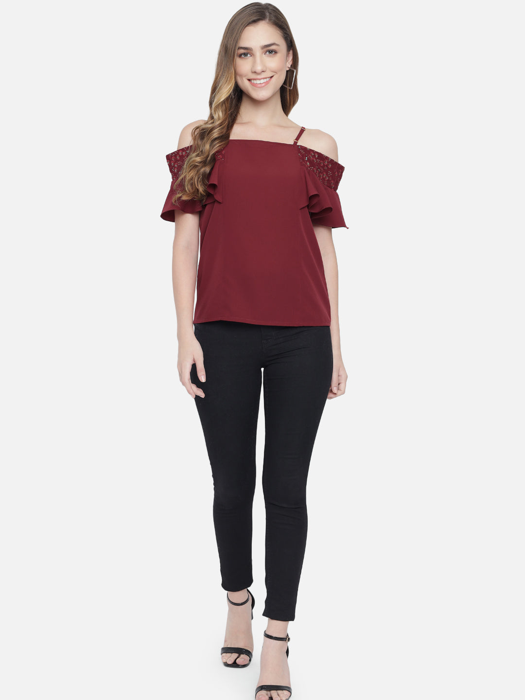 Solid Half Sleeves Cold Shoulder Top for Women
