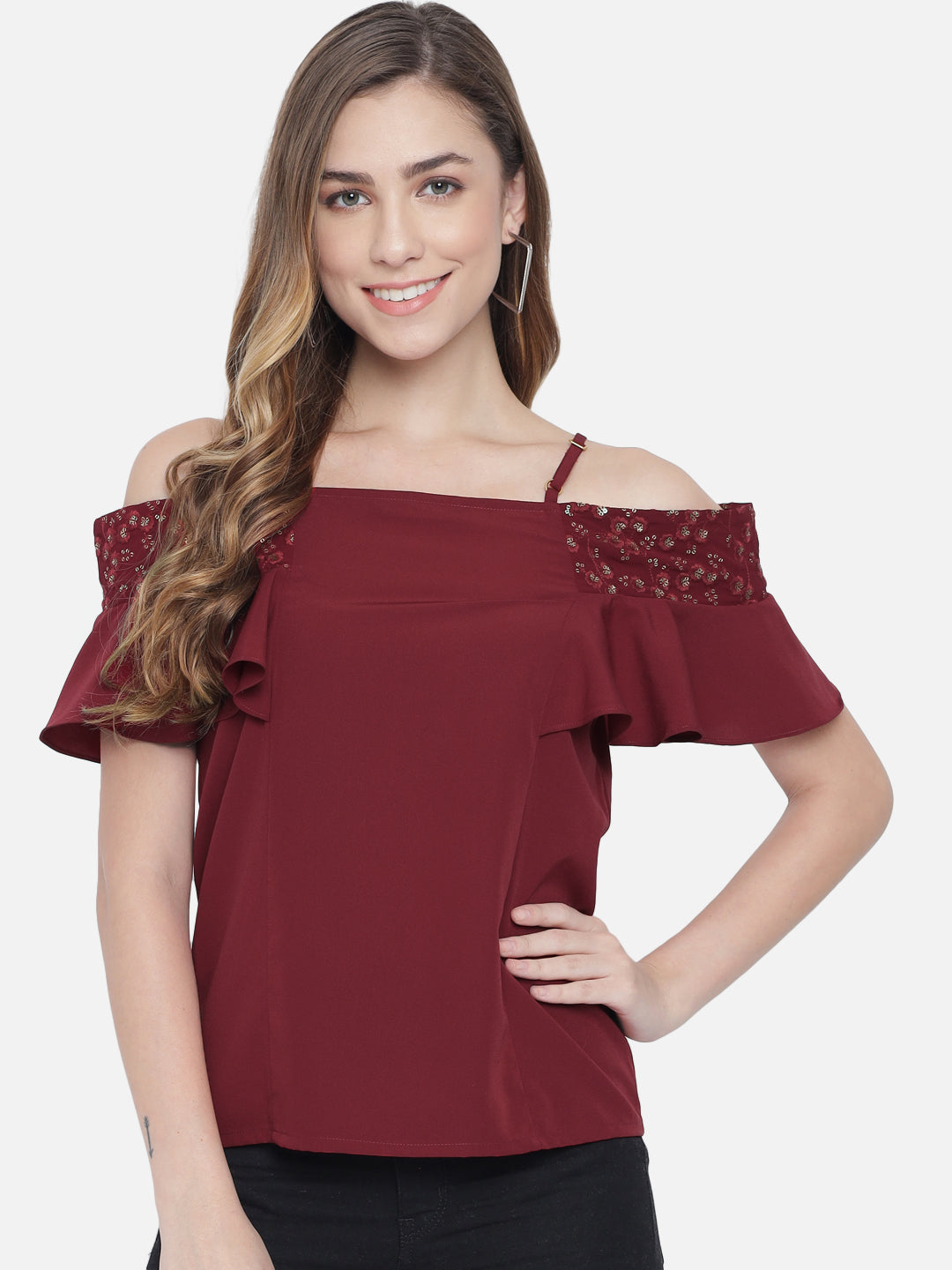 Solid Half Sleeves Cold Shoulder Top for Women