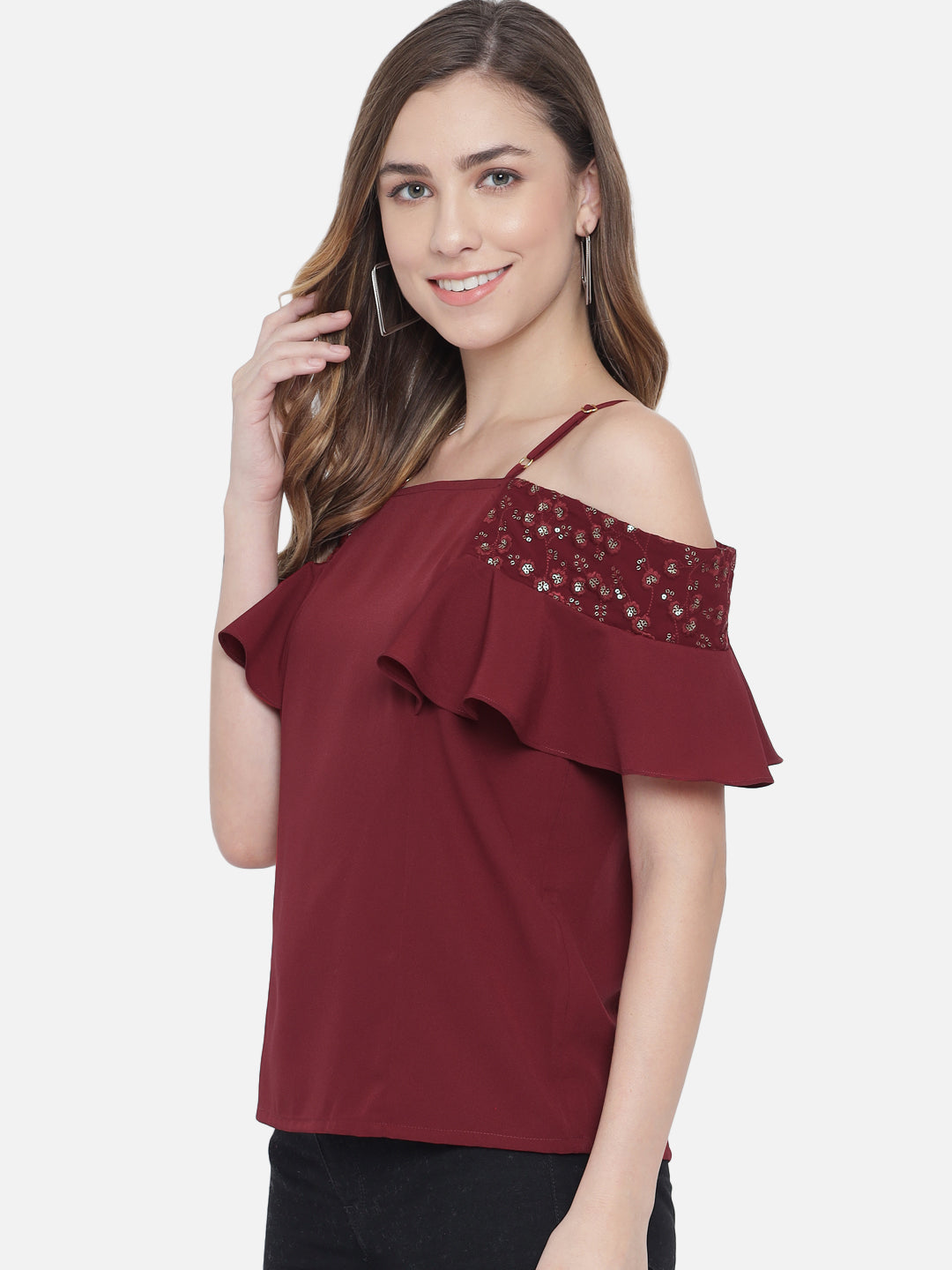 Solid Half Sleeves Cold Shoulder Top for Women