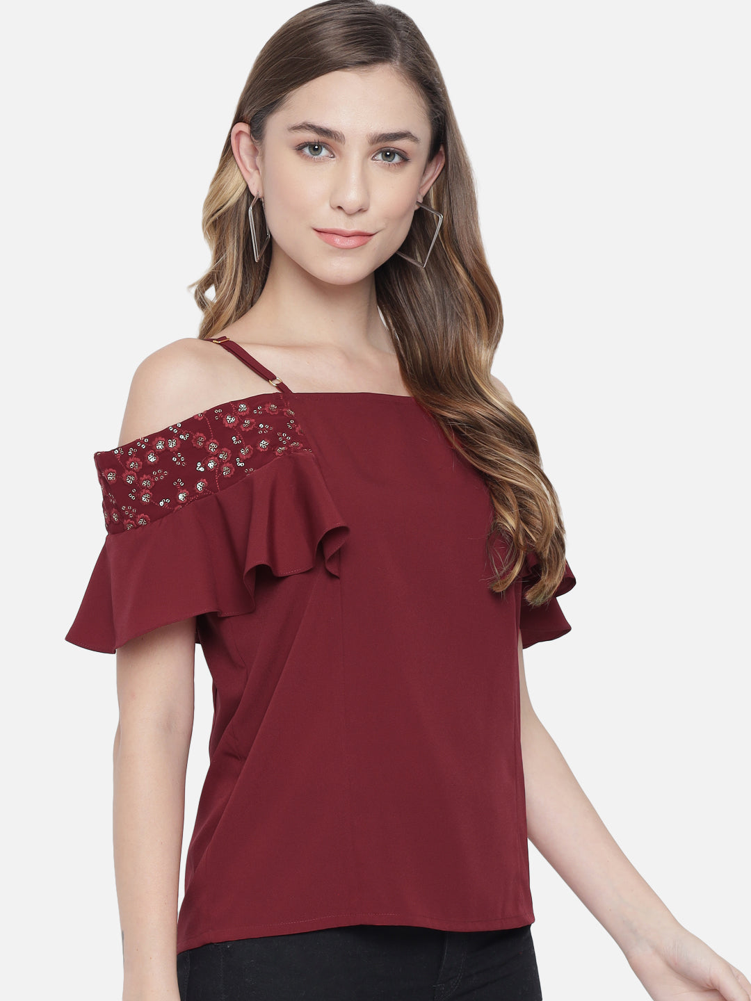 Solid Half Sleeves Cold Shoulder Top for Women