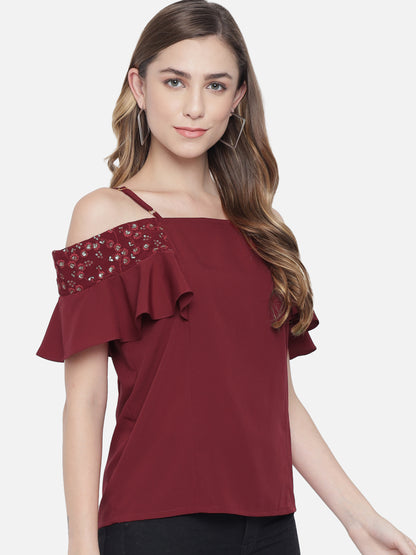 Solid Half Sleeves Cold Shoulder Top for Women