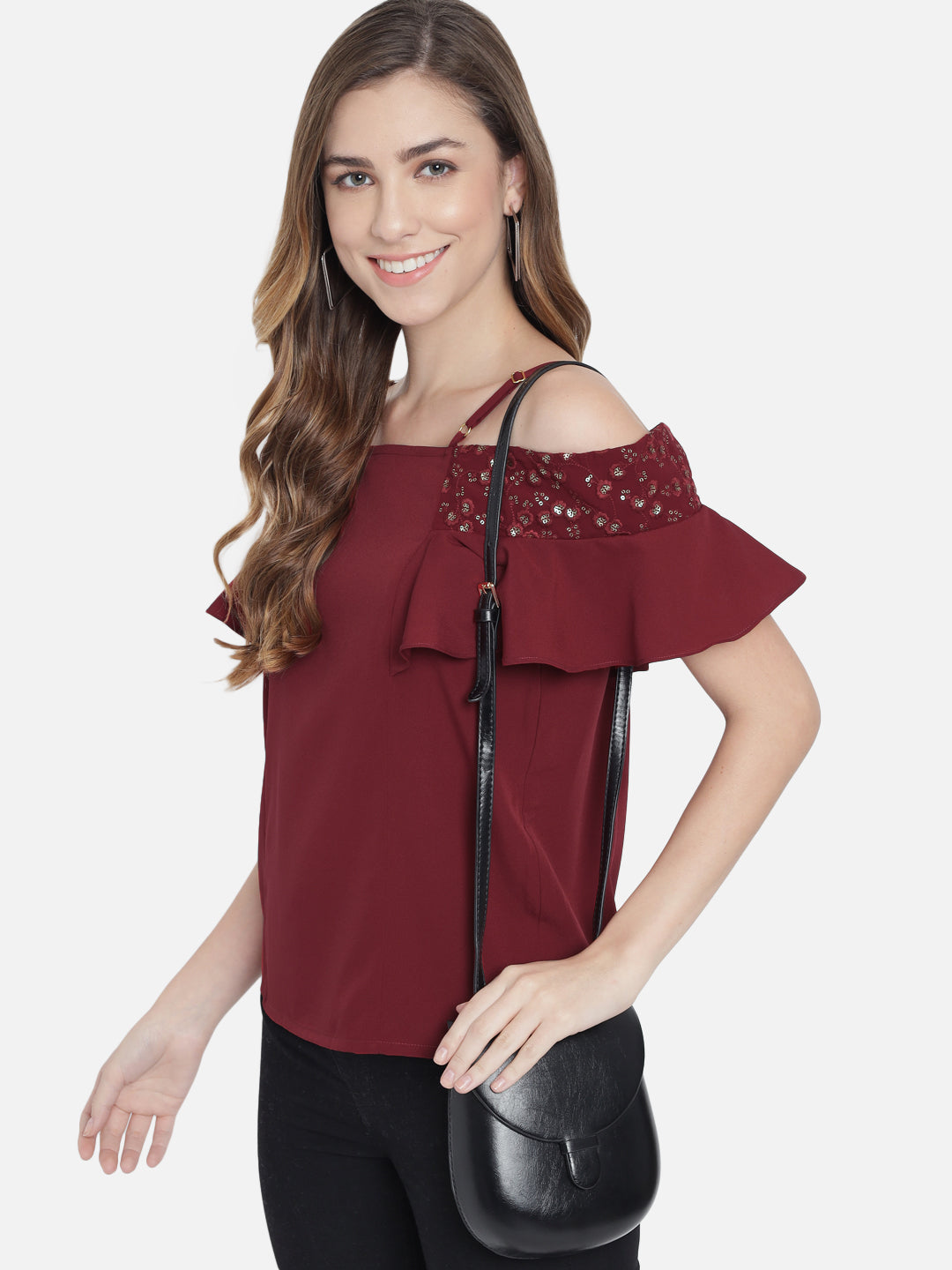 Solid Half Sleeves Cold Shoulder Top for Women