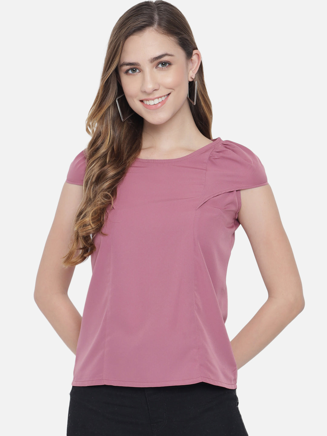 Solid Pink Round Neck Top for Women