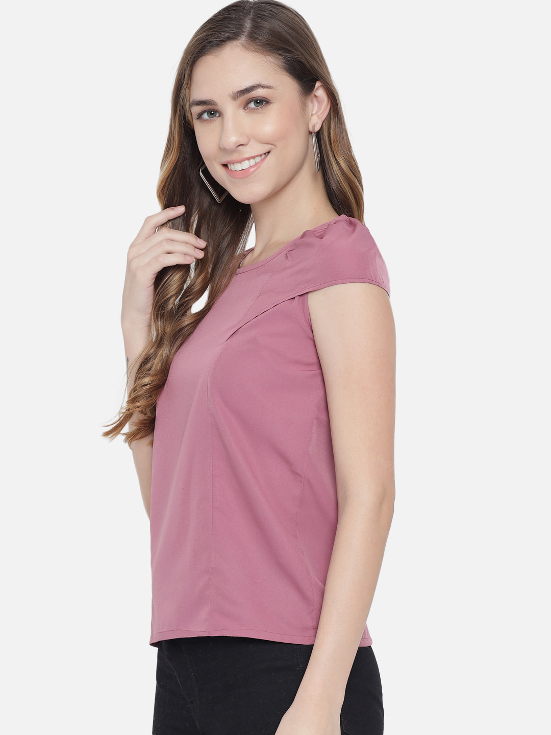 Solid Pink Round Neck Top for Women