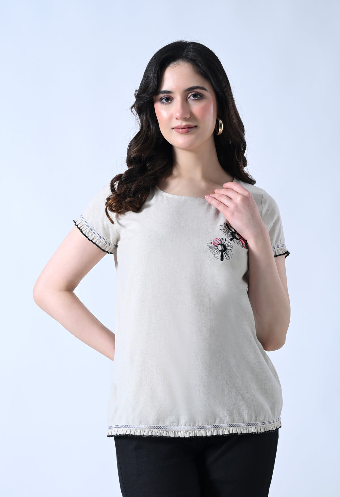 Cream Embroidered Half Sleeve Top for Women