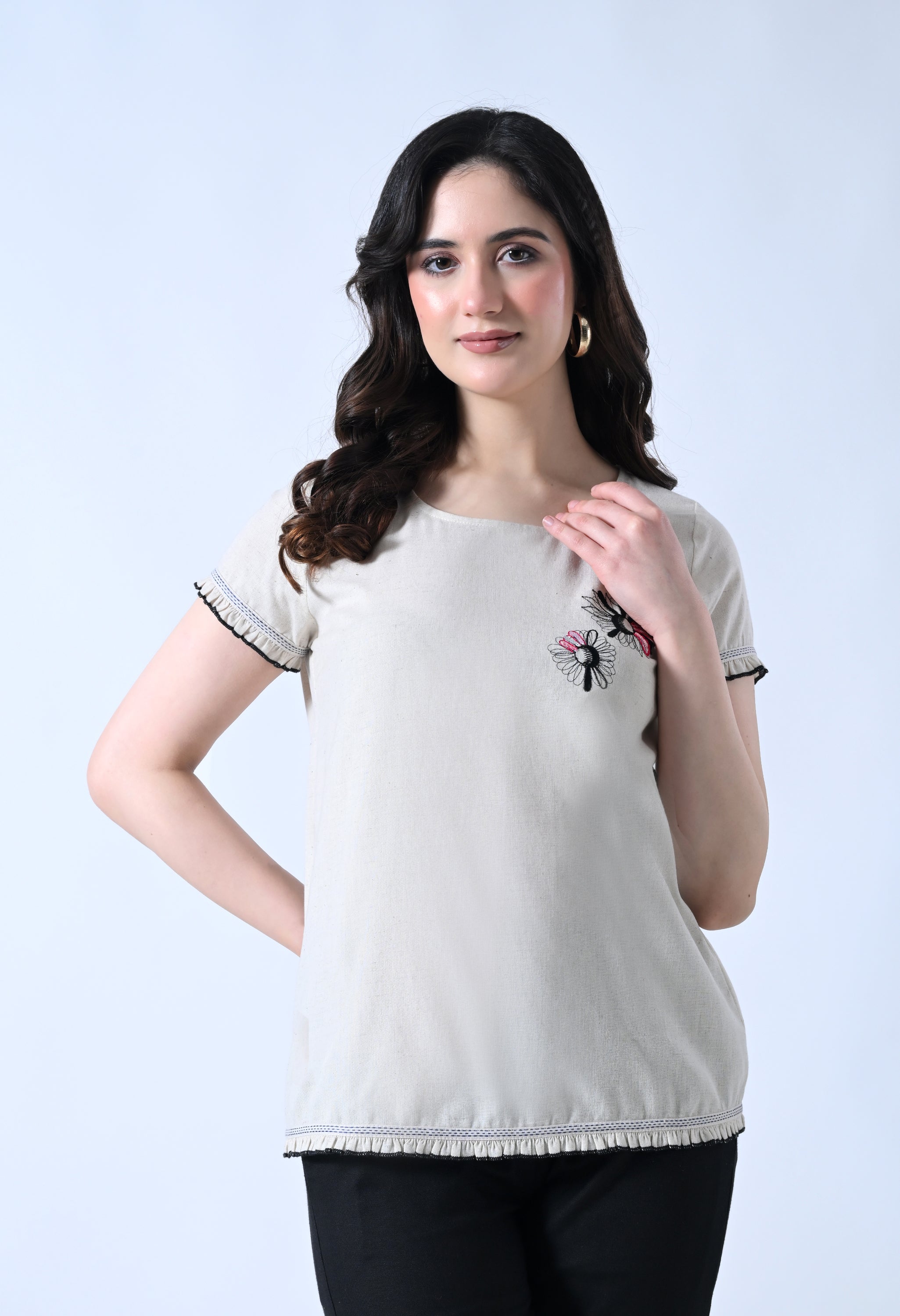 Cream Embroidered Half Sleeve Top for Women