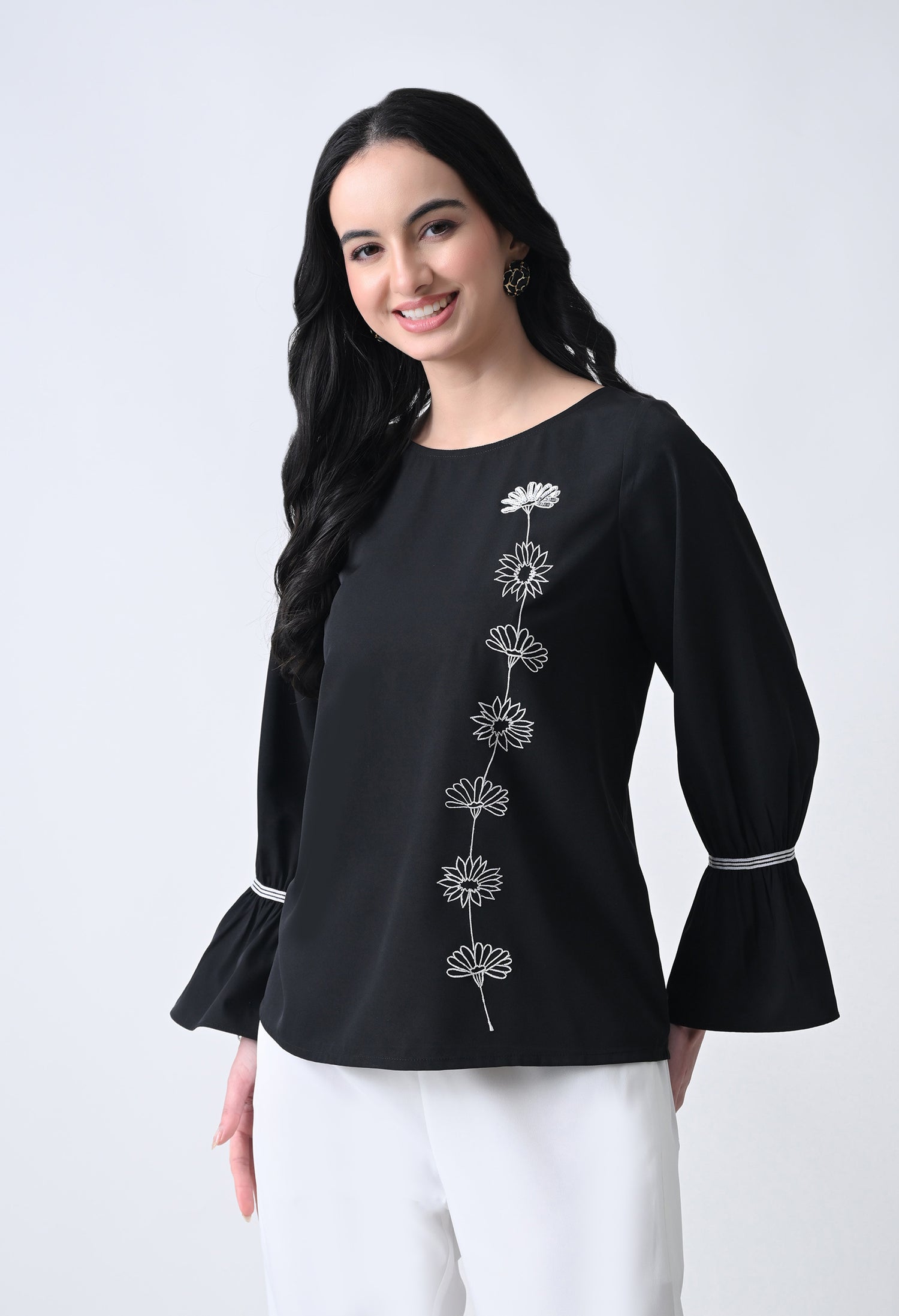 Embroidered Bell Sleeve Top for Women