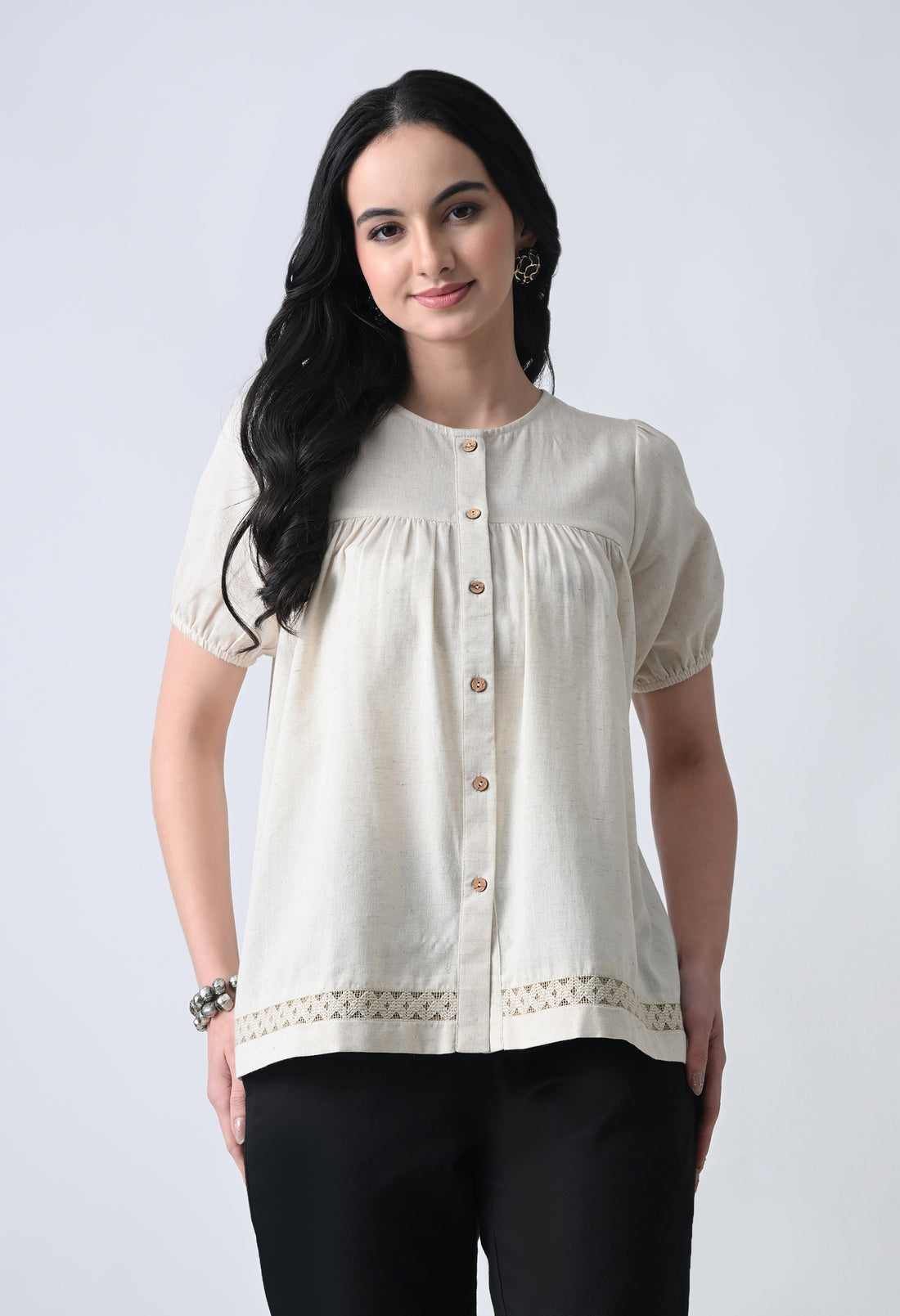 Cream Solid Half Sleeve Shirt Style Top for Women