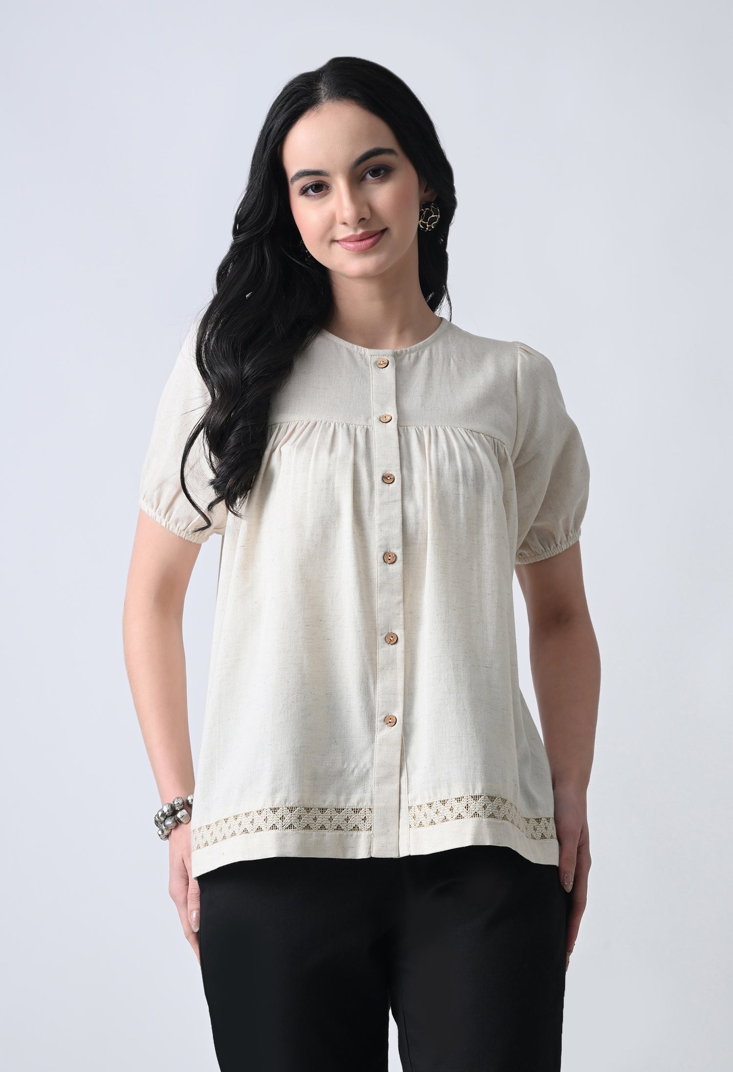 Cream Solid Half Sleeve Shirt Style Top for Women