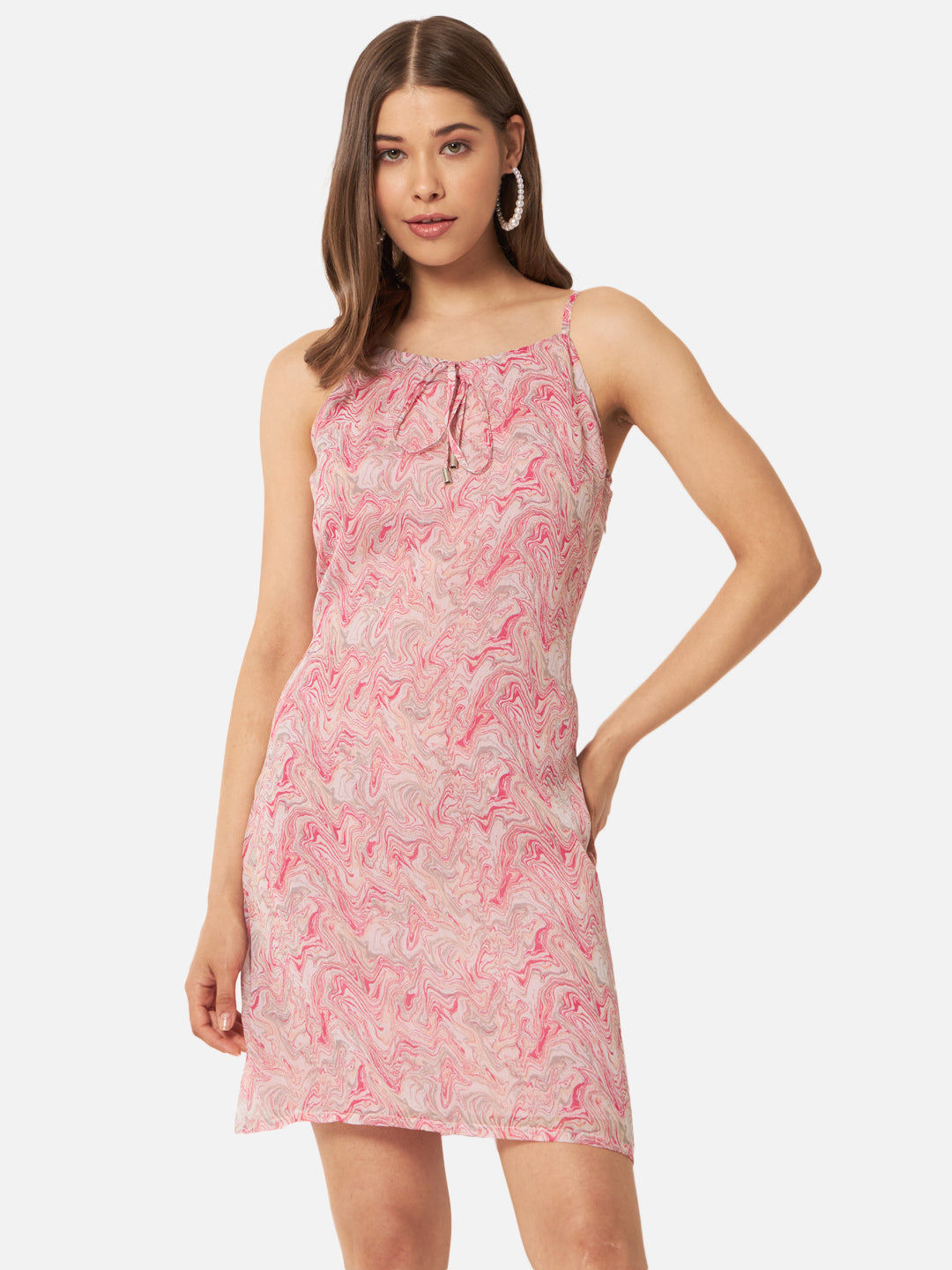 Pink White Tie-Dye Printed Sleeveless Dress for Women