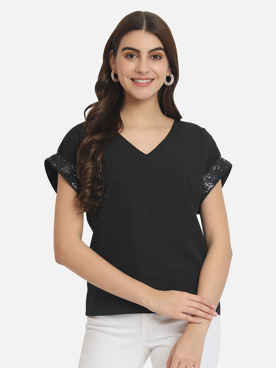 Solid Half Embellished Sleeve Top for Women