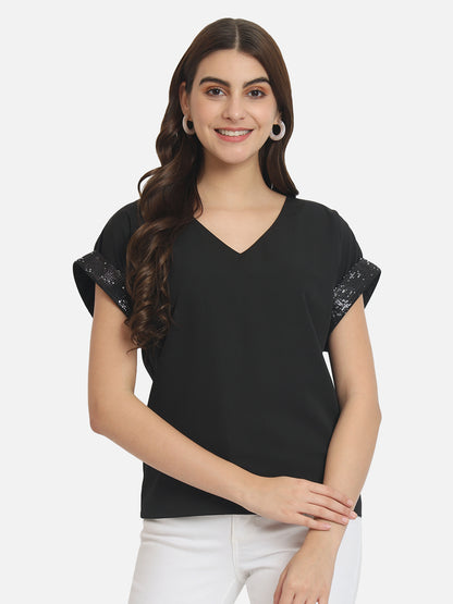 Solid Half Embellished Sleeve Top for Women